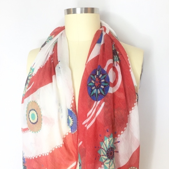Joy Susan Large Printed Scarf Red White Blue - Picture 3 of 5